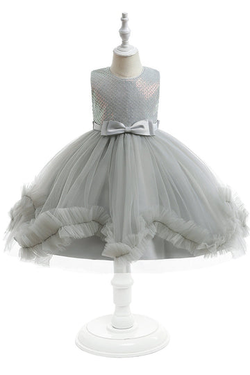 Cinzento sem mangas tule flor vestido de menina com Bowknot